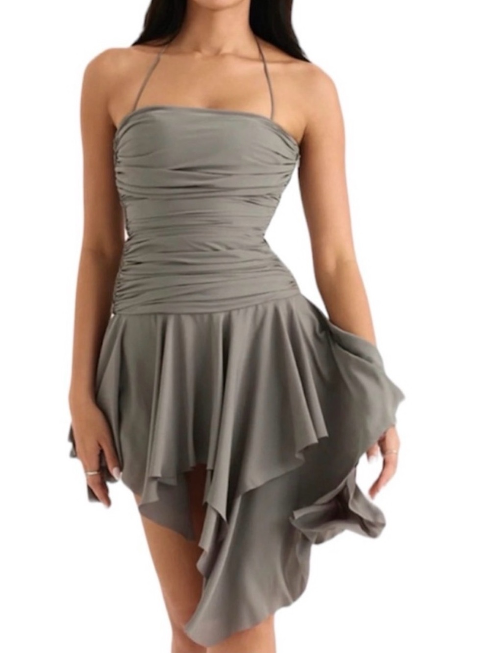 House of CB Valeria Smoke Gathered Asymmetric Dress size L
